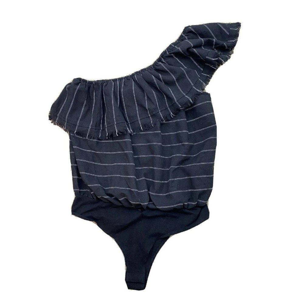 Promesa Womens Bodysuit Size M NWT One Shoulder Striped Ruffled Top
